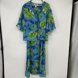 New Gear Plus Dress Set Womens 1X Blue Green Tropical Leaf Maxi Jacket 2pc Set